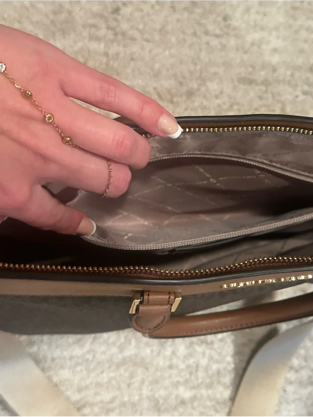 Michael Kors Gold Logo & Brown Leather Messenger with Beige Strap